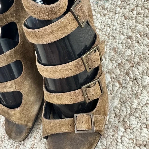 Saint Laurent Brown Suede Strappy Block Heels/Shoes 6.5